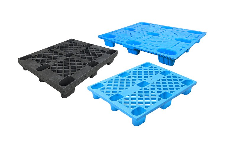 Nestable plastic pallets with 9-leg vented deck design, space-saving for return logistics and lightweight handling.