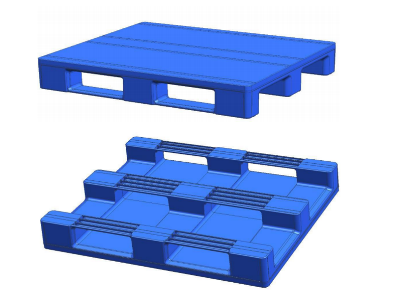 3D CAD rendering of a double-sided plastic pallet showing top and bottom views, used to illustrate custom pallet structure design and specification support.