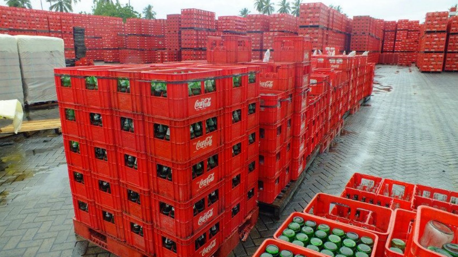 Coca-Cola branded plastic crates stacked on pallets at a beverage distribution facility.
