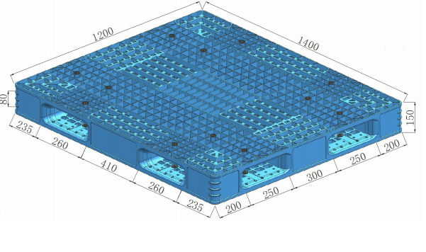 Technical drawing of a 1400×1200mm grid deck pallet with dimensional annotations, representing the mold adjustment and tooling customization process.