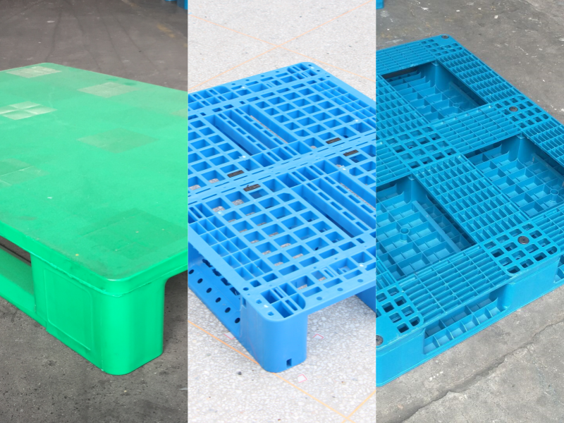 Three deck surface types of full perimeter plastic pallets, showing solid top, ventilated grid, and hybrid designs for diverse warehouse needs.