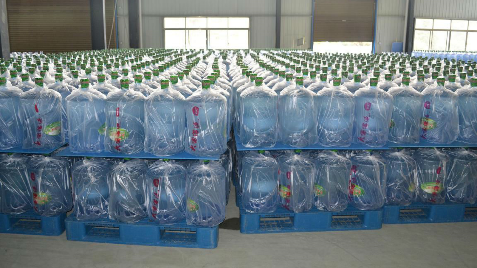 Blue pallets hold large recycled water containers, ready for material recycling.