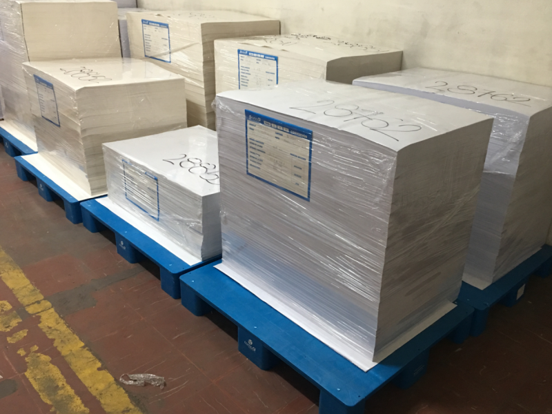 Blue flooring plastic pallets carrying large stacks of white paper.